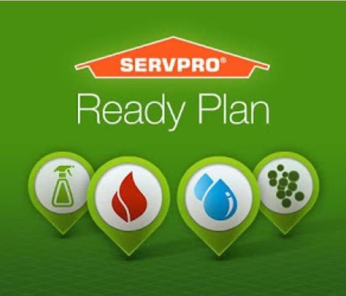 Green backdrop. SERVPRO Ready logo. shows icons of cleaner spray, fire, water drop and mold spores